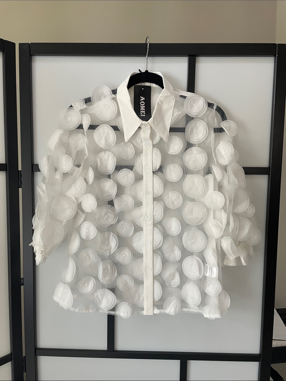 Aomei White Decorative Dot Sheer Button-Up Blouse